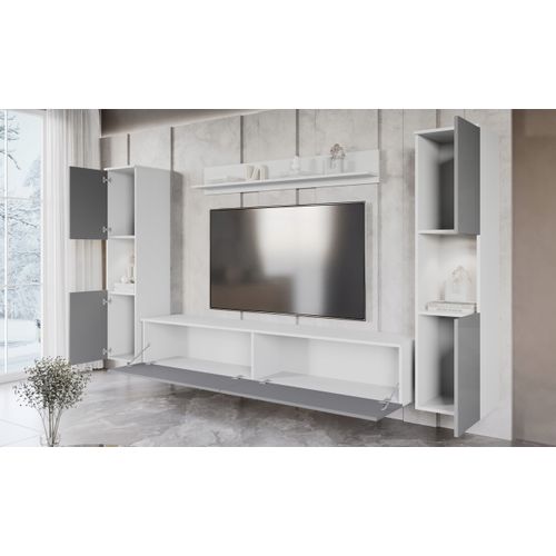 Mur TV 4 Éléments: 2 Colonnes + TV 180 Cm, Blanc Mat / Gris Brillant