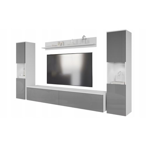 Mur TV 4 Éléments: 2 Colonnes + TV 180 Cm, Blanc Mat / Gris Brillant