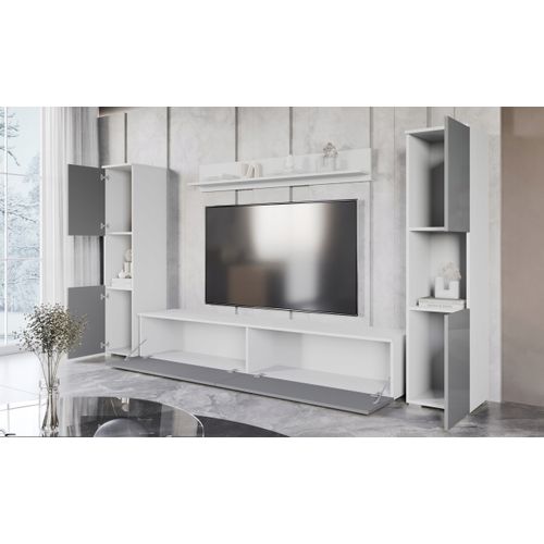 Mur TV 4 Éléments: 2 Colonnes + TV 180 Cm, Blanc Mat / Gris Brillant