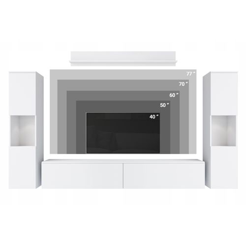 Mur TV 4 Éléments: 2 Colonnes + TV 180 Cm, Blanc Mat / Gris Brillant