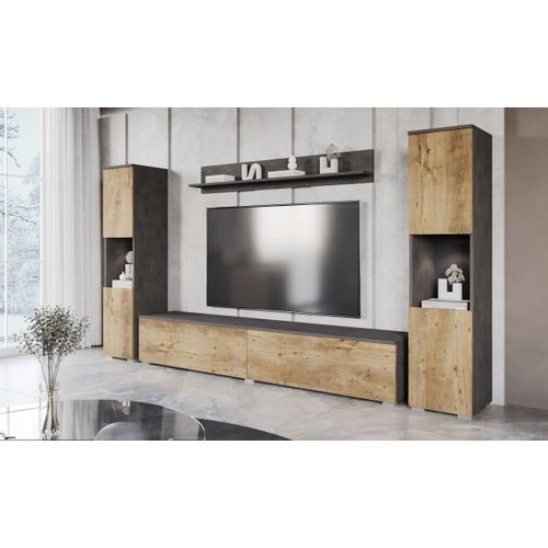 Mur TV 4 Éléments: 2 Colonnes + TV 180 Cm, Matera / Châtaignier Mat