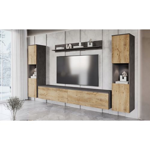 Mur TV 4 Éléments: 2 Colonnes + TV 180 Cm, Matera / Châtaignier Mat
