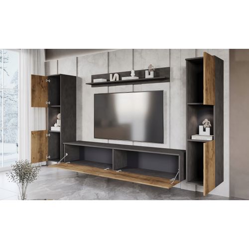 Mur TV 4 Éléments: 2 Colonnes + TV 180 Cm, Matera / Châtaignier Mat