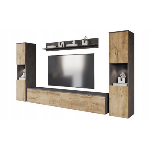 Mur TV 4 Éléments: 2 Colonnes + TV 180 Cm, Matera / Châtaignier Mat