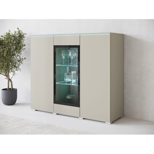 Vitrine Haute 120 Cm 3 Portes, Beige Cachemire Mat