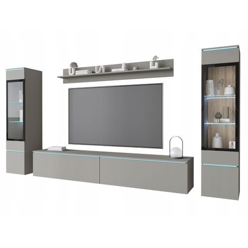 Ensemble Salon 4 Éléments: TV 180 + 2 Vitrines + Étagère, Gris Palladium Mat