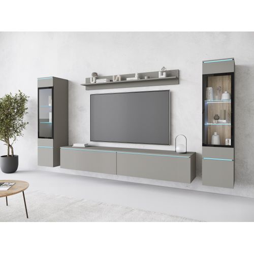 Ensemble Salon 4 Éléments: TV 180 + 2 Vitrines + Étagère, Gris Palladium Mat