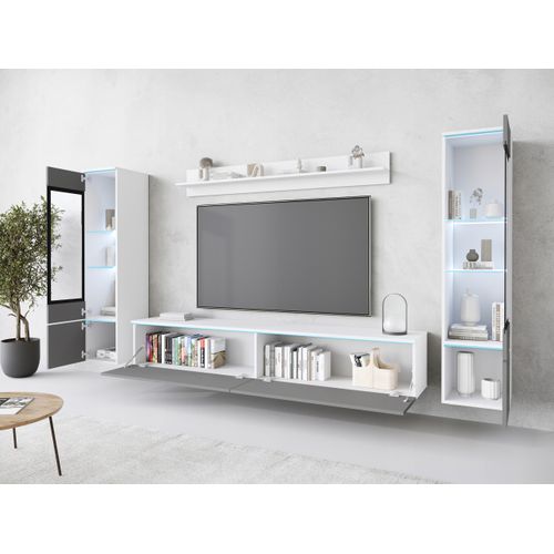 Ensemble Salon 4 Éléments: TV 180 + 2 Vitrines + Étagère, Blanc Mat / Gris Brillant