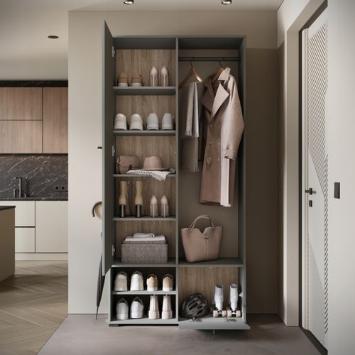 Armoire Entrée 90 Cm Miroir Étagères Tringle Gris Palladium Mat