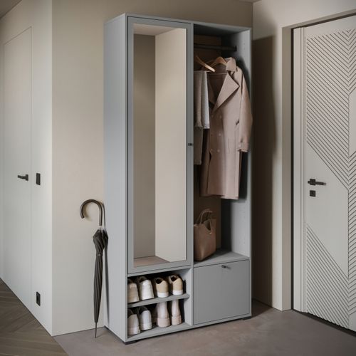 Armoire Entrée 90 Cm Miroir Étagères Tringle Gris Palladium Mat