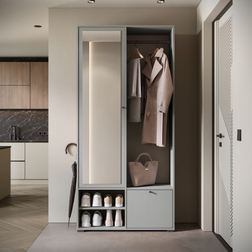 Armoire Entrée 90 Cm Miroir Étagères Tringle Gris Palladium Mat