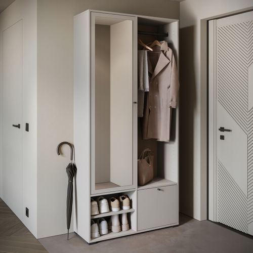 Armoire Entrée 90 Cm Miroir Étagères Tringle Beige Cachemire Mat