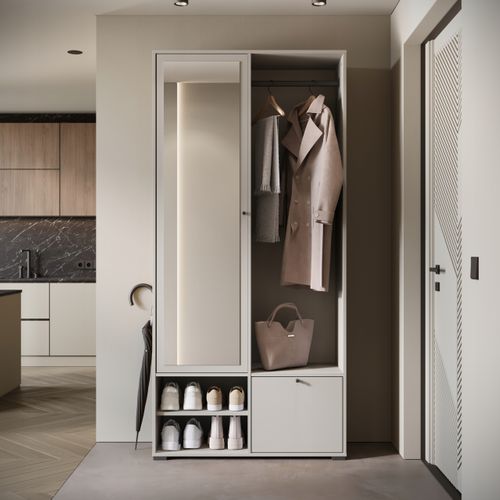 Armoire Entrée 90 Cm Miroir Étagères Tringle Beige Cachemire Mat