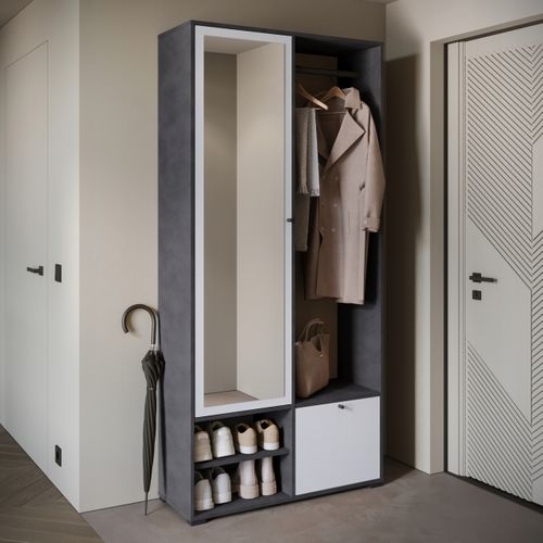 Armoire Entrée 90 Cm Miroir Étagères Tringle Matera / Blanc Mat