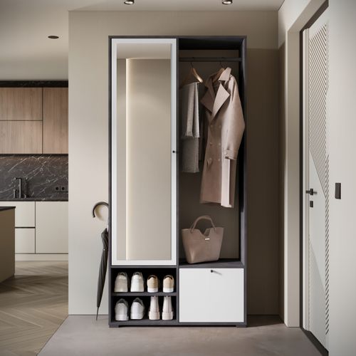 Armoire Entrée 90 Cm Miroir Étagères Tringle Matera / Blanc Mat