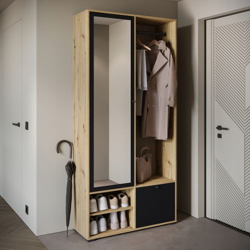 Armoire Entrée 90 Cm Miroir Étagères Tringle Artisan / Graphite Noir Mat