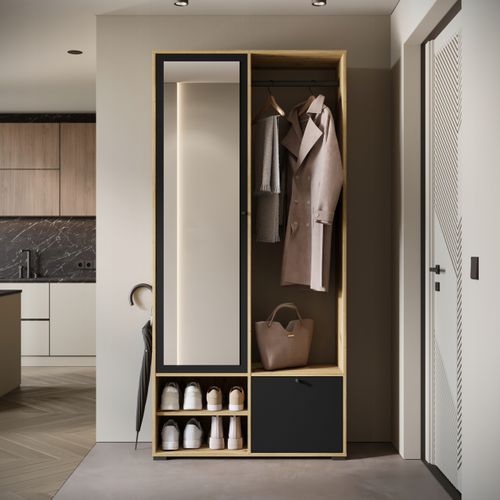 Armoire Entrée 90 Cm Miroir Étagères Tringle Artisan / Graphite Noir Mat