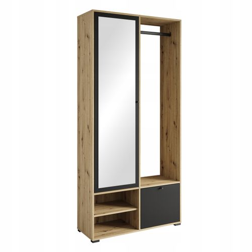 Armoire Entrée 90 Cm Miroir Étagères Tringle Artisan / Graphite Noir Mat