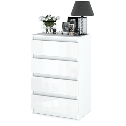 Commode Blanche Brillant 60 Cm Avec 4 Tiroirs – Mobilier Pour Salon Et Chambre Loft