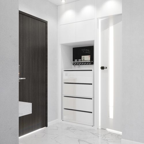 Meuble à Chaussures Blanc Brillant   60x30x100cm – Étagère De Rangement Entrée Style Loft