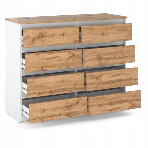 Commode Wotan à 8 Tiroirs 120 Cm – Blanc et Chêne