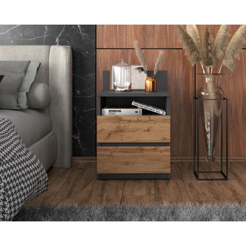 Table De Chevet Gris Chêne Wotan, 40 Cm, 2 Tiroirs, Table De Nuit Pour Chambre à Coucher