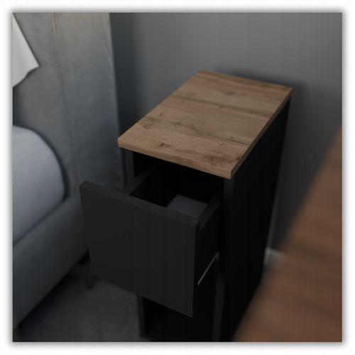 Table De Chevet Noire Et Chêne Wotan, Étroite 20 Cm, Petite Table De Nuit Loft Compacte