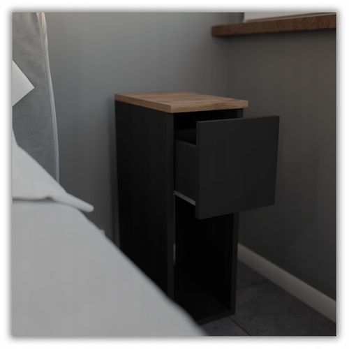 Table De Chevet Noire Et Chêne Wotan, Étroite 20 Cm, Petite Table De Nuit Loft Compacte