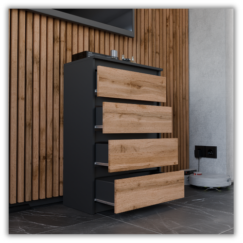 Commode à Tiroirs Noire Chêne Wotan 60 Cm Spacieux 4 Tiroirs Style Loft