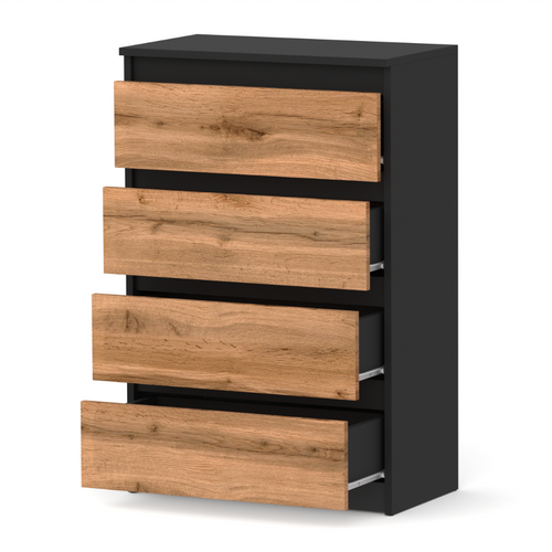 Commode à Tiroirs Noire Chêne Wotan 60 Cm Spacieux 4 Tiroirs Style Loft