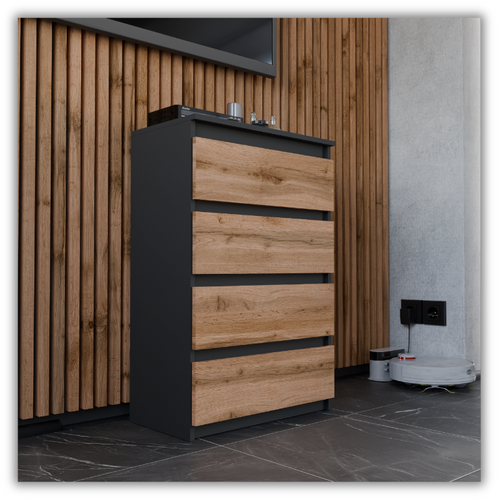 Commode à Tiroirs Noire Chêne Wotan 60 Cm Spacieux 4 Tiroirs Style Loft