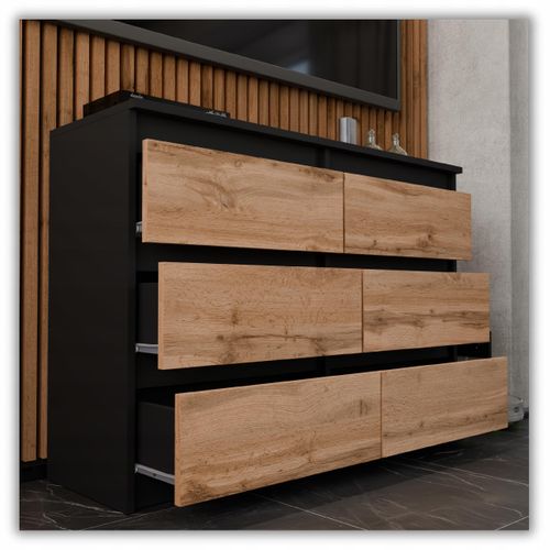 Commode Noire + Chêne Wotan 100 Cm – 6 Tiroirs – Spacieux Style Loft / Salon