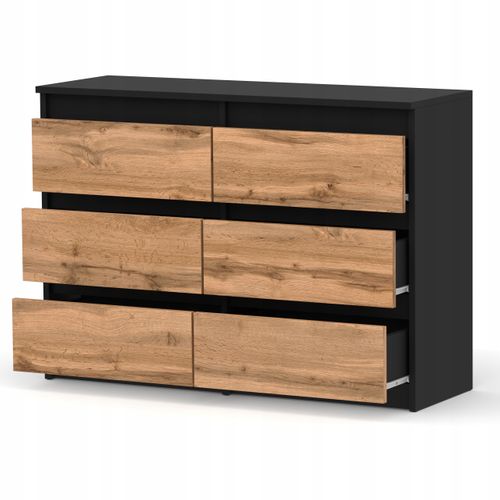 Commode Noire + Chêne Wotan 100 Cm – 6 Tiroirs – Spacieux Style Loft / Salon