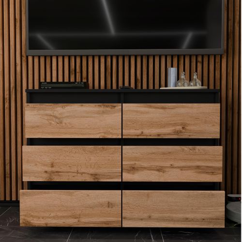 Commode Noire + Chêne Wotan 100 Cm – 6 Tiroirs – Spacieux Style Loft / Salon