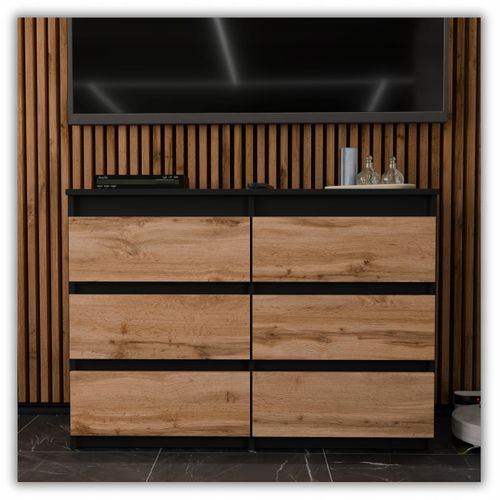 Commode Noire + Chêne Wotan 100 Cm – 6 Tiroirs – Spacieux Style Loft / Salon