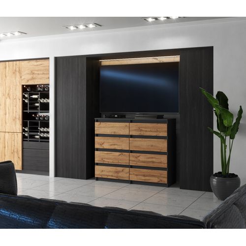 Commode Moderne 120 Cm Wotan – 8 Tiroirs, Gris Mat et Chêne