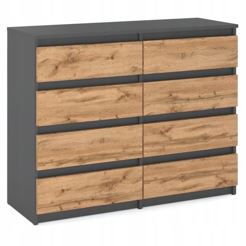 Commode Moderne 120 Cm Wotan – 8 Tiroirs, Gris Mat et Chêne