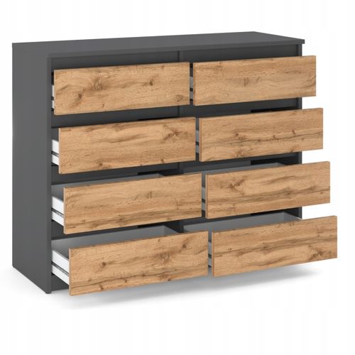 Commode Moderne 120 Cm Wotan – 8 Tiroirs, Gris Mat et Chêne
