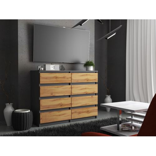 Commode Moderne 120 Cm Wotan – 8 Tiroirs, Gris Mat et Chêne