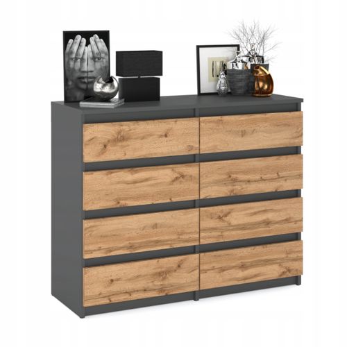 Commode Moderne 120 Cm Wotan – 8 Tiroirs, Gris Mat et Chêne