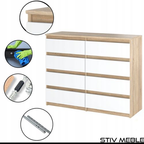 Commode Moderne 120 Cm Chêne Sonoma Avec 8 Tiroirs – Blanc