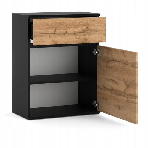 Commode Design Noir + Chêne Wotan Avec Tiroir Et Porte – 60x35x78 Cm- Style Loft