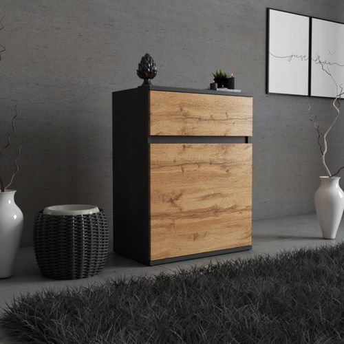 Commode Design Noir + Chêne Wotan Avec Tiroir Et Porte – 60x35x78 Cm- Style Loft