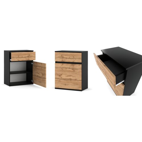 Commode Design Noir + Chêne Wotan Avec Tiroir Et Porte – 60x35x78 Cm- Style Loft