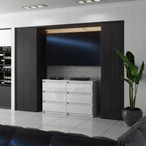 Commode 6 Tiroirs – Style Contemporain – Blanc  Brillant – 100 cm -chifonnier