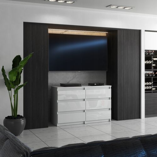 Commode 6 Tiroirs – Style Contemporain – Blanc  Brillant – 100 cm -chifonnier