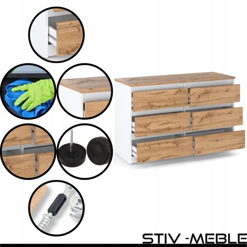 Commode 6 Tiroirs 100 Cm – Style Contemporain – Blanc Et Chêne Wotan