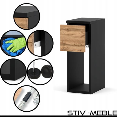 Table De Chevet Noire Wotan, Étroite 20 Cm, Table De Nuit Pour Chambre Compacte