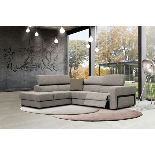 Canapé D'angle Gauche Bergo 5 Places Relax Électrique Tissu Taupe Un Coussin Déco