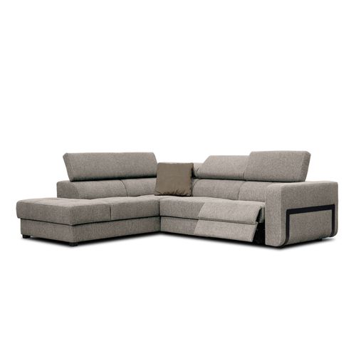 Canapé D'angle Gauche Bergo 5 Places Relax Électrique Tissu Taupe Un Coussin Déco